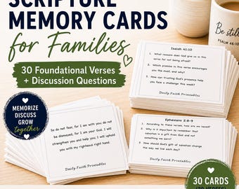 Cartões de memorização bíblica para imprimir para famílias | 30 versículos bíblicos com perguntas para discussão | Download em PDF