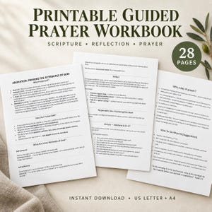 May include: A printable guided prayer workbook featuring 28 pages of scripture, reflection, and prayer prompts. The white pages contain black text with headings such as Adoration: Praising the Attributes of God, Reflect, and Why a day of prayer.