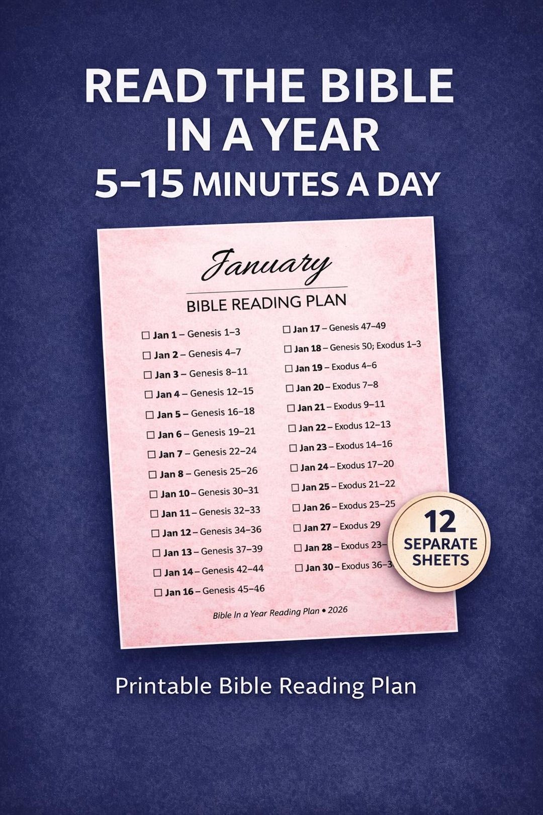 Bible in a Year Printable- 12 Month Reading Plan | Instant Download - Etsy