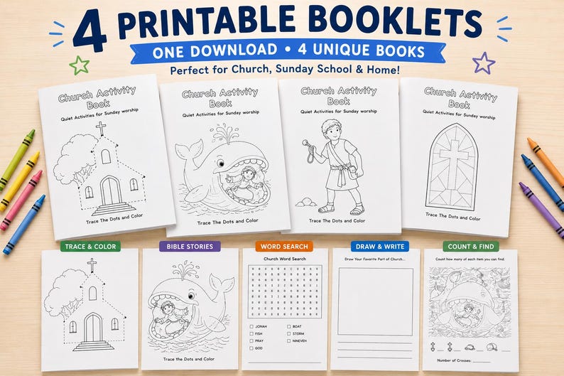 Livros de atividades da igreja para crianças | Mochila de atividades | 4 livretos para imprimir (download digital) imagem 2