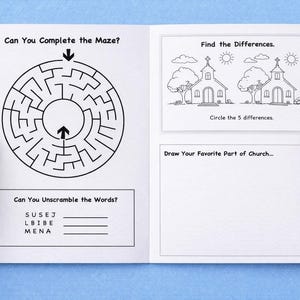 Pode incluir: Um livro de atividades branco com ilustra&ccedil;&otilde;es em linhas pretas contendo um labirinto circular intitulado Can You Complete the Maze?, um jogo de desembara&ccedil;ar palavras SUSEJ, LBIBE, MENA, um jogo de encontrar diferen&ccedil;as com duas igrejas e um espa&ccedil;o.
