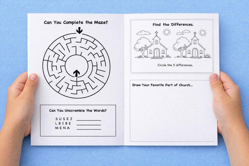 Pode incluir: Um livro de atividades branco com ilustra&ccedil;&otilde;es em linhas pretas contendo um labirinto circular intitulado Can You Complete the Maze?, um jogo de desembara&ccedil;ar palavras SUSEJ, LBIBE, MENA, um jogo de encontrar diferen&ccedil;as com duas igrejas e um espa&ccedil;o.
