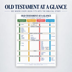 Può includere: Un grafico educativo bianco intitolato OLD TESTAMENT AT A GLANCE, SEE WHERE EVERY BOOK FITS INTO THE BIBLICAL STORY. Presenta una cronologia a colori con barre verticali verdi, gialle, rosse e blu che organizzano i libri in categorie storiche.