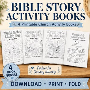 May include: A set of four printable Bible story activity books featuring black and white line art for coloring and tracing. The titles include Daniel in the Lion's Den, Jonah and the Big Fish, Moses Parts the Red Sea, and Noah's Ark Activity Book.