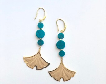 Mare Magnesite turquoise coin bead trio and Gold Gingko Mesh Drop Long Dangle Earrings