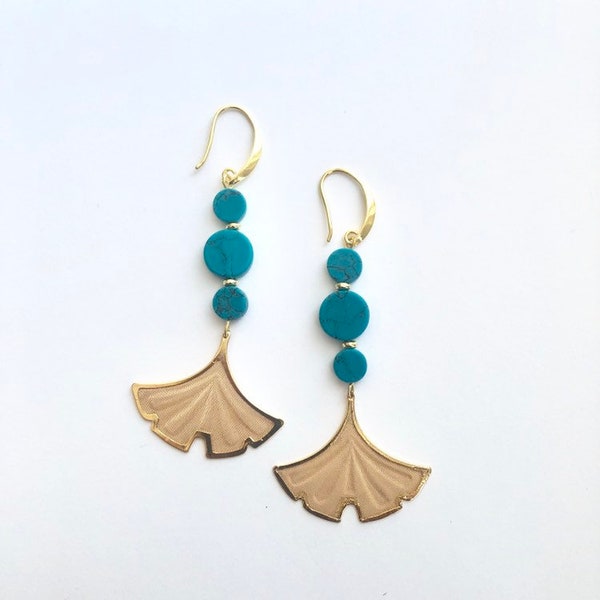Mare Magnesite turquoise coin bead trio and Gold Gingko Mesh Drop Long Dangle Earrings