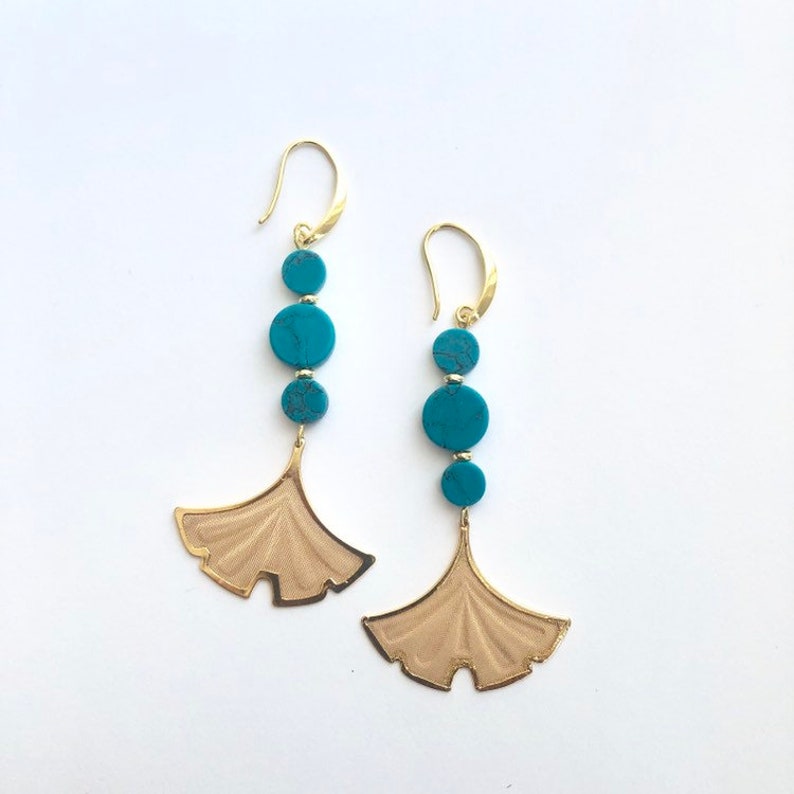 Mare Magnesite turquoise coin bead trio and Gold Gingko Mesh Drop Long Dangle Earrings image 1