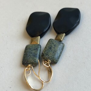 Hunter Green Diva Rectangle Jasper on Matte Black Onyx Oval Mod Earrings image 8