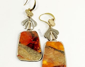 Bonfire paper earrings made of Thai marbled Momi paper in Orange, Gold and Brown (Papelle Series)