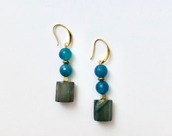 Evening Sky Agate Hexagon Tube and Faceted Dyed Agate Stack Earrings