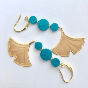 Mare Magnesite turquoise coin bead trio and Gold Gingko Mesh Drop Long Dangle Earrings image 7