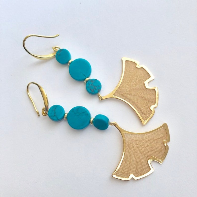 Mare Magnesite turquoise coin bead trio and Gold Gingko Mesh Drop Long Dangle Earrings image 4