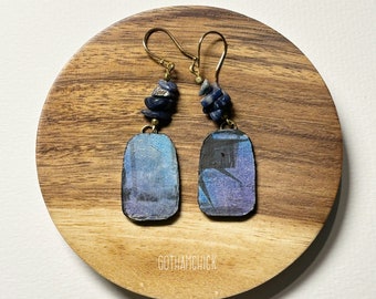 Blued altered vintage photo  with Lapis lazuli stack   - vintage photo paper earrings (Papelle Series)