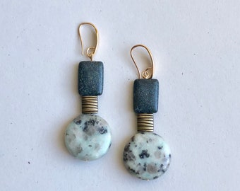 Mod Green Kiwi Sesame Jasper Puff Coin with a rectangular Hunter Green Jasper and Antique Brass duo earrings