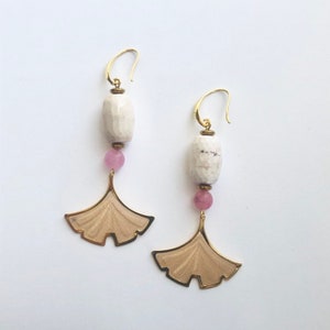 Ineng Light Pink Faceted Agate Barrel and Dyed Jade with Gold Gingko Mesh Drop Long Dangle Earrings image 1