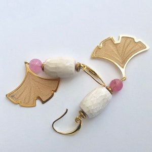 Ineng Light Pink Faceted Agate Barrel and Dyed Jade with Gold Gingko Mesh Drop Long Dangle Earrings image 5