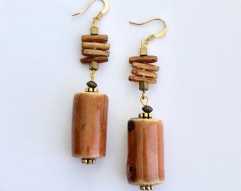 Chico Porcelain Tube Bead and Gold bamboo coral Chunky Earrings