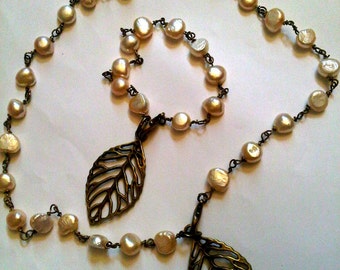 White Freshwater Pearl and Antique Brass Leaf Focal Necklace and Bracelet Set