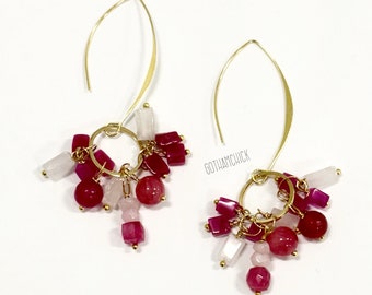 Pink Bouquet of Fuschia dyed jade, chalcedony and light pink rose quartz earrings on a French earwire