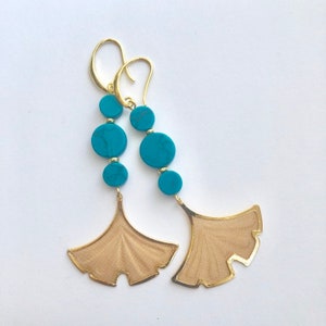 Mare Magnesite turquoise coin bead trio and Gold Gingko Mesh Drop Long Dangle Earrings image 5