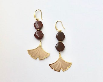 Mod Red Jasper Hexagon Duo Stack with Gold Gingko Mesh Drop Long Dangle Earrings