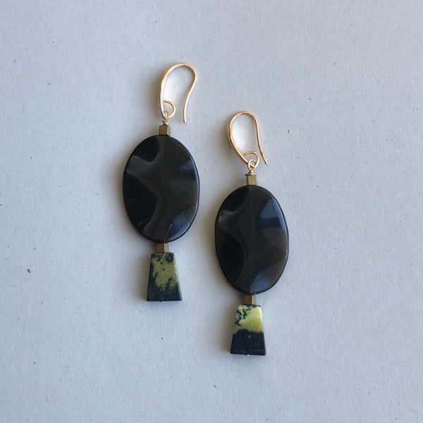 Verde Green on green agate and magnetite and serpentine turqoise oval mod earrings