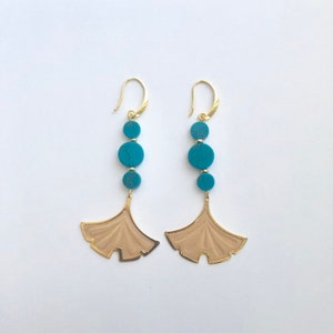 Mare Magnesite turquoise coin bead trio and Gold Gingko Mesh Drop Long Dangle Earrings image 2