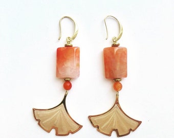 Sunset Pillow cut  Agate in Orange and White and Gold Gingko Mesh Drop Long Dangle Earrings