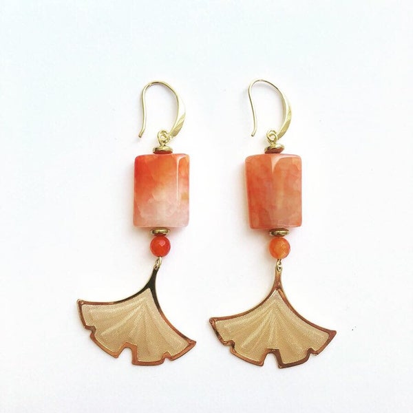 Sunset Pillow cut  Agate in Orange and White and Gold Gingko Mesh Drop Long Dangle Earrings