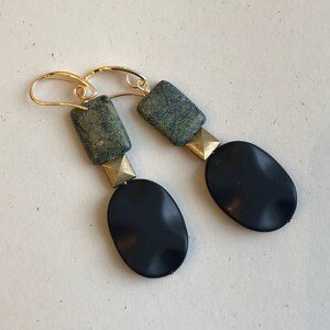 Hunter Green Diva Rectangle Jasper on Matte Black Onyx Oval Mod Earrings image 6