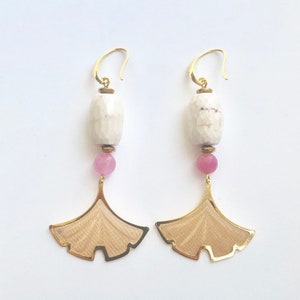 Ineng Light Pink Faceted Agate Barrel and Dyed Jade with Gold Gingko Mesh Drop Long Dangle Earrings image 2