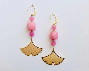 Two tone Pink Dyed Agate and Gold Gingko Mesh Drop Long Dangle Earrings