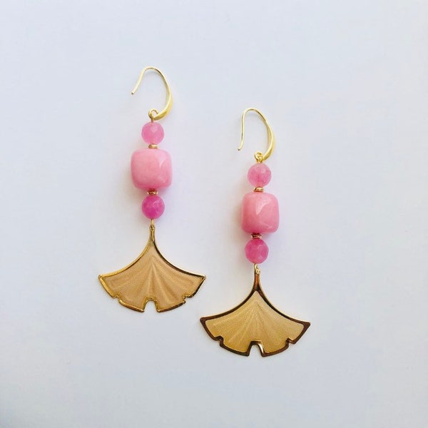 Two tone Pink Dyed Agate and Gold Gingko Mesh Drop Long Dangle Earrings