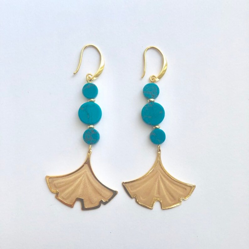 Mare Magnesite turquoise coin bead trio and Gold Gingko Mesh Drop Long Dangle Earrings image 6