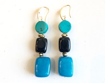 Sky Turqoise Magnesite and Blue Dyed Jade Rectangle Trio Stack Earrings