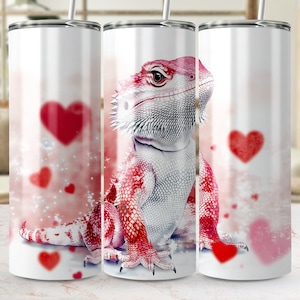 Adorable Bearded Dragon Valentine&#39;s Day Tumbler PNG, Heart-Themed Sublimation Design, 20 oz Skinny Beardie Wrap, Bearded Dragon Love PNG