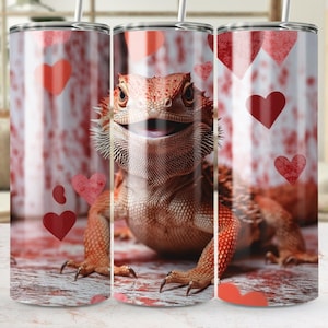 Adorable Bearded Dragon Valentine&#39;s Day Tumbler PNG, Heart-Themed Sublimation Design, 20 oz Skinny Beardie Wrap, Bearded Dragon Love PNG
