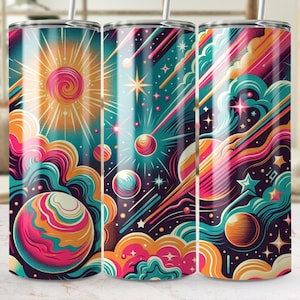 Neon Galaxy Tumbler Wrap PNG, Colorful Sublimation Design, Kids Outer Space Cup PNG, Fun Cosmic Solar System 20oz Tumbler Wrap, Planets PNG