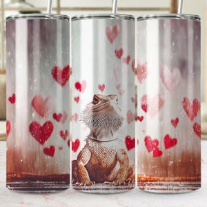 Adorable Bearded Dragon Valentine&#39;s Day Tumbler PNG, Heart-Themed Sublimation Design, 20 oz Skinny Beardie Wrap, Bearded Dragon Love PNG