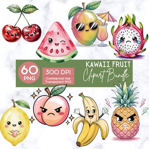 Watercolor Kawaii Cute Fruit Expressions Bundle, Happy Fruit Graphics PNG Instant Digital Download Files, Fruit Decor Printable Wall Art