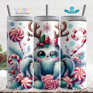 Adorable Jumping Spider Digital Tumbler PNG, Kawaii Peppermint Christmas, Winter & Holiday Chibi Design, 20 oz Arachnid Skinny Tumbler Wrap