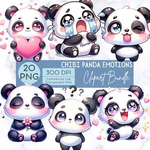 Chibi Panda Emotions Digital Sublimation DTF Clipart PNG Bundle, Kawaii Panda Nursery Art Download, Adorable Cute Animal Feelings Clipart