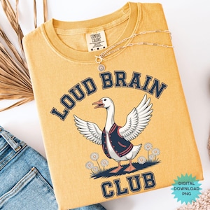 Camiseta de ganso divertida (PNG), descarga instantánea de ganso del Loud Brain Club, gráfico de ganso con TDAH vintage, ganso bohemio (PNG), animal divertido (PNG)