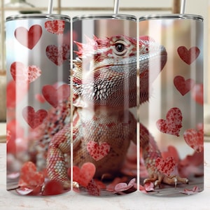 Adorable Bearded Dragon Valentine&#39;s Day Tumbler PNG, Heart-Themed Sublimation Design, 20 oz Skinny Beardie Wrap, Bearded Dragon Love PNG