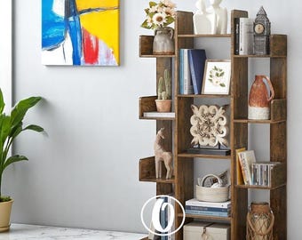 May include: A rustic brown wooden bookshelf with multiple shelves and compartments. The shelves are decorated with books, plants, decorative items, and sculptures. The bookshelf is a great way to add storage and style to any room.