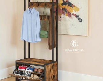Rustic Industrial Hall Tree, Coat Rack with Shoe Storage Bench, Entryway Organizer
