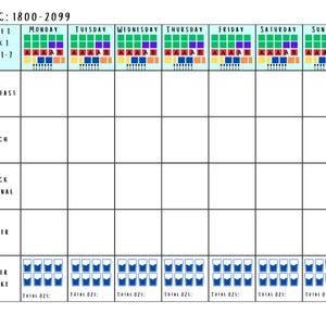 Può includere: Un pianificatore di pasti settimanale con una griglia a colori per tenere traccia dei pasti e degli spuntini. Il pianificatore include sezioni per la colazione, il pranzo, la cena e gli spuntini. Include anche una sezione per tenere traccia dell'assunzione di acqua con una rappresentazione visiva dei bicchieri d'acqua.