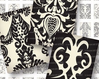 Ivory and Black Damask . Digital Collage Sheet 156 . 1 inch x .75 inch