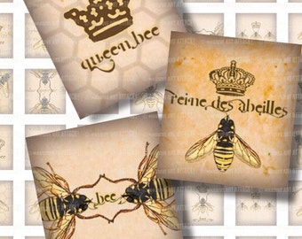Digital Collage Sheet 176 . Bee Illustrations with Vintage Beekeeping Text . Scrabble Tile (0.75 x 0.83 inches)