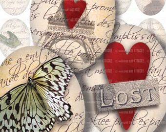 Paris, hearts and French Poetry . Digital Collage Sheet 159 . 30 x 40 mm ovals